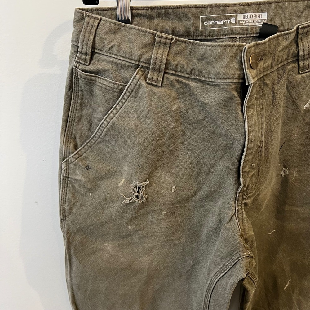 Carhartt Relaxed Fit Carpenter Pants Olive Green Distressed Workwear 32x32 Mens - Picture 2 of 9